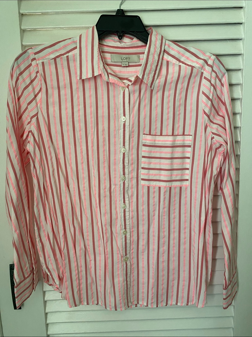LOFT Pink and White Striped Button-Down Shirt